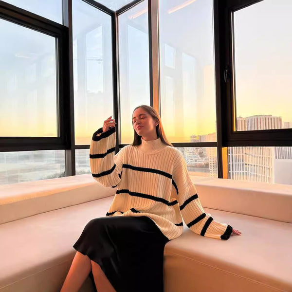knitted sweater semi-turtleneck pullover top women's autumn and winter stripes contrasting sweater lazy loose top