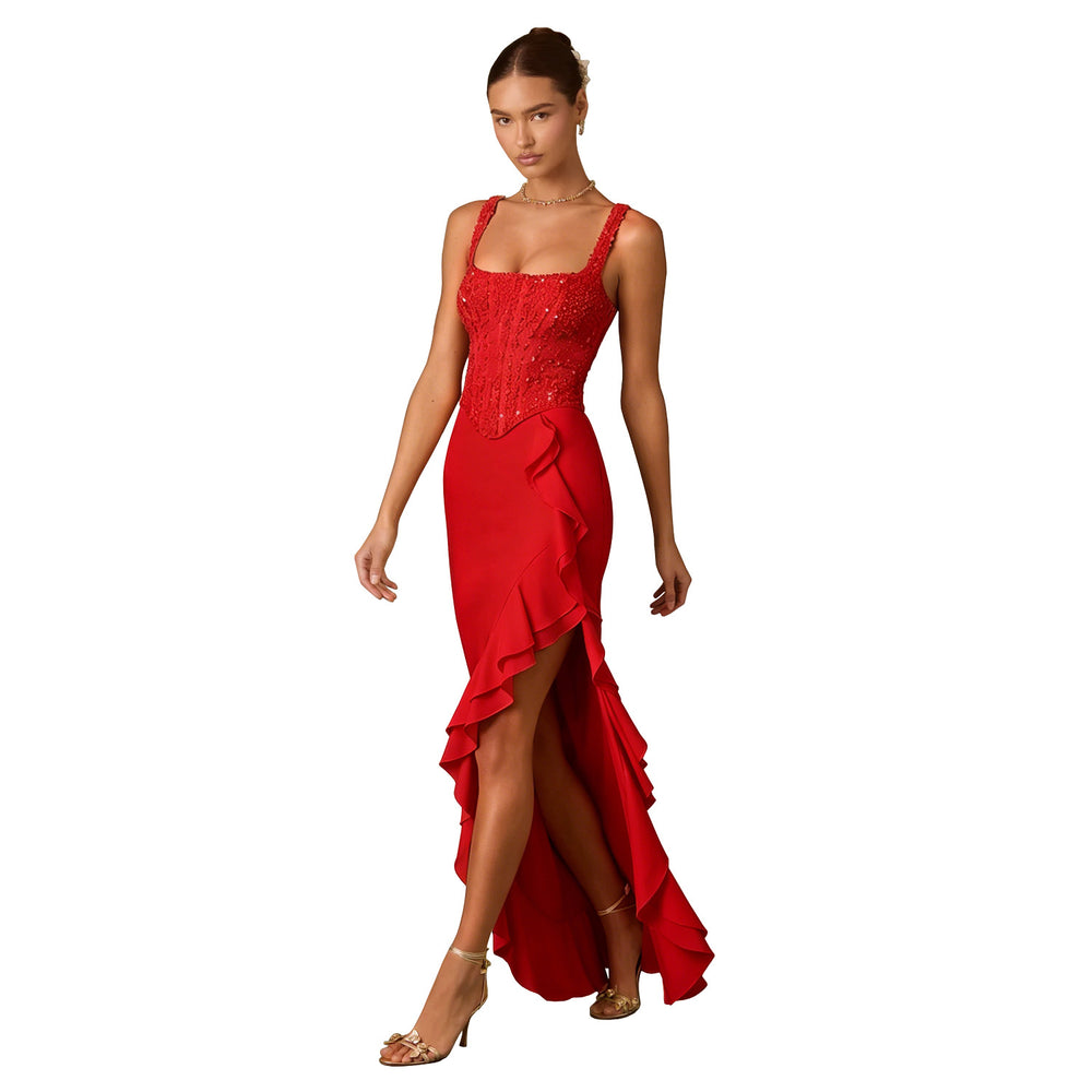 C7690 cross-border   fashion women's elegant sexy slit hem dress