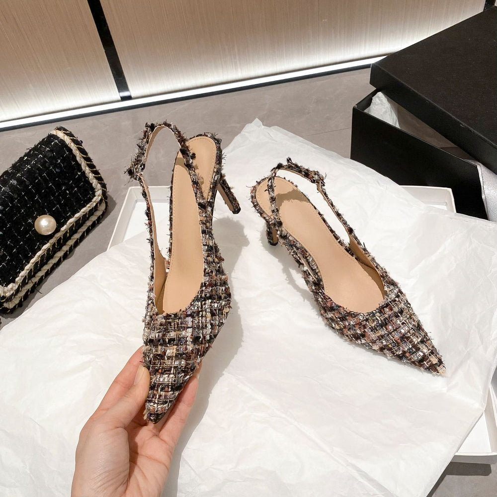 Yx2026new arrival pointed toe stiletto women's shoes elegantfrenchflats tweed tweed style toe cap back hollow sandals