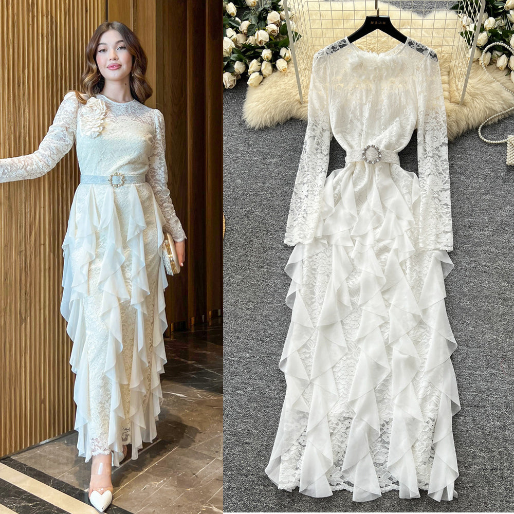 Frenchclassy stereo flower rufflespatchworklong sleeveslacedress women's accessible luxuryelegance dress long skirt