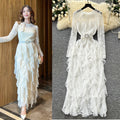 Frenchclassy stereo flower rufflespatchworklong sleeveslacedress women's accessible luxuryelegance dress long skirt