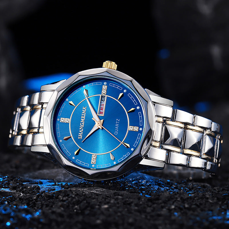 Wholesale men's watches: premium, cross-border, luminous, waterproof, dual calendar, rivet steel band quartz watch ⌚ - cross-border watch