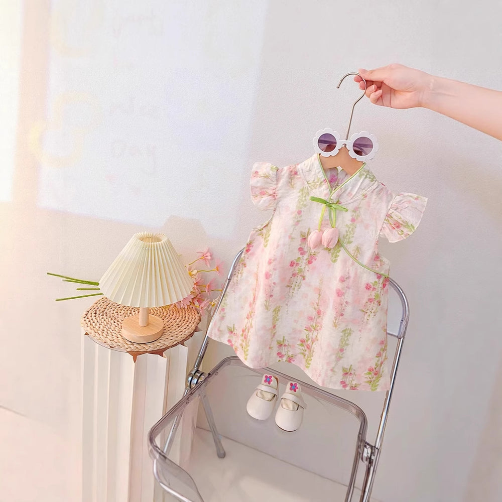 Summer lightweight chic girls' dress - floral cheongsam princess dress for baby girls - perfect for summer and first birthday celebrations