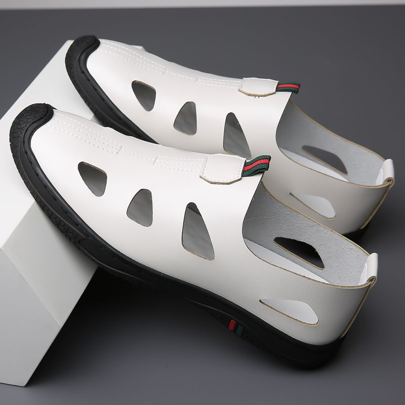 2025 new summer men's soft leather shoes, men's soft sole casual shoes, comfortable breathable perforated leather sandals for men