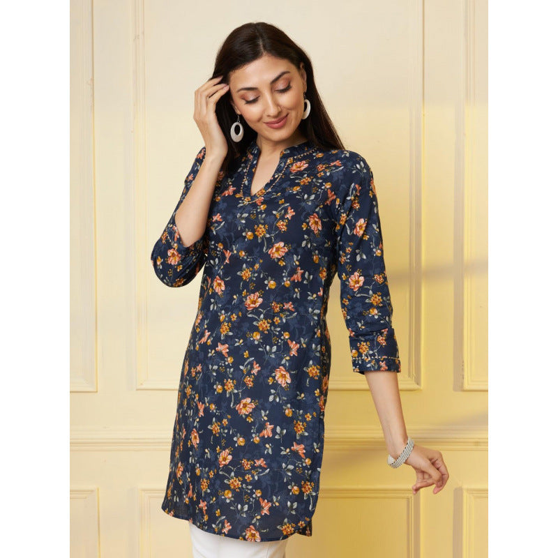 summer new  navy blue floral print dress - women's slimming v-neck mini dress