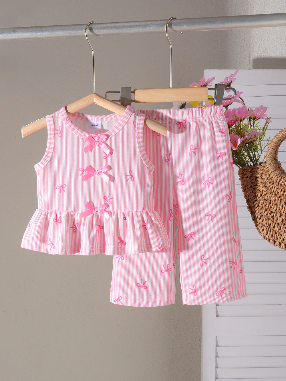 Children's clothing cross-border european and american girls bow pink vest + pants two-piece set