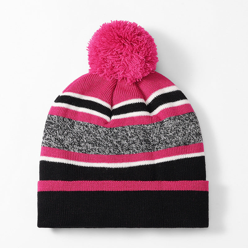 Aozhe, children's autumn and winter wool hats, boys and girls striped hairball warm knitted hats, European and American Christmas gifts