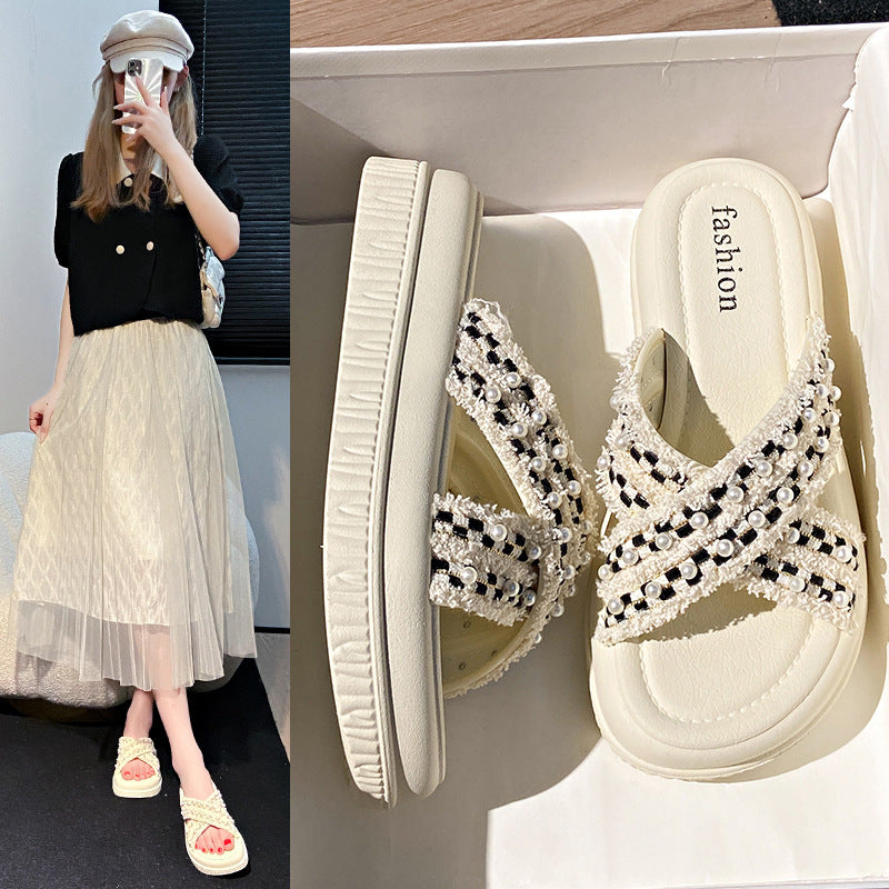 Women's summer sandals: new platform wedge slides, versatile chic style, pearl-embellished criss-cross thong sandals, trendy ins style