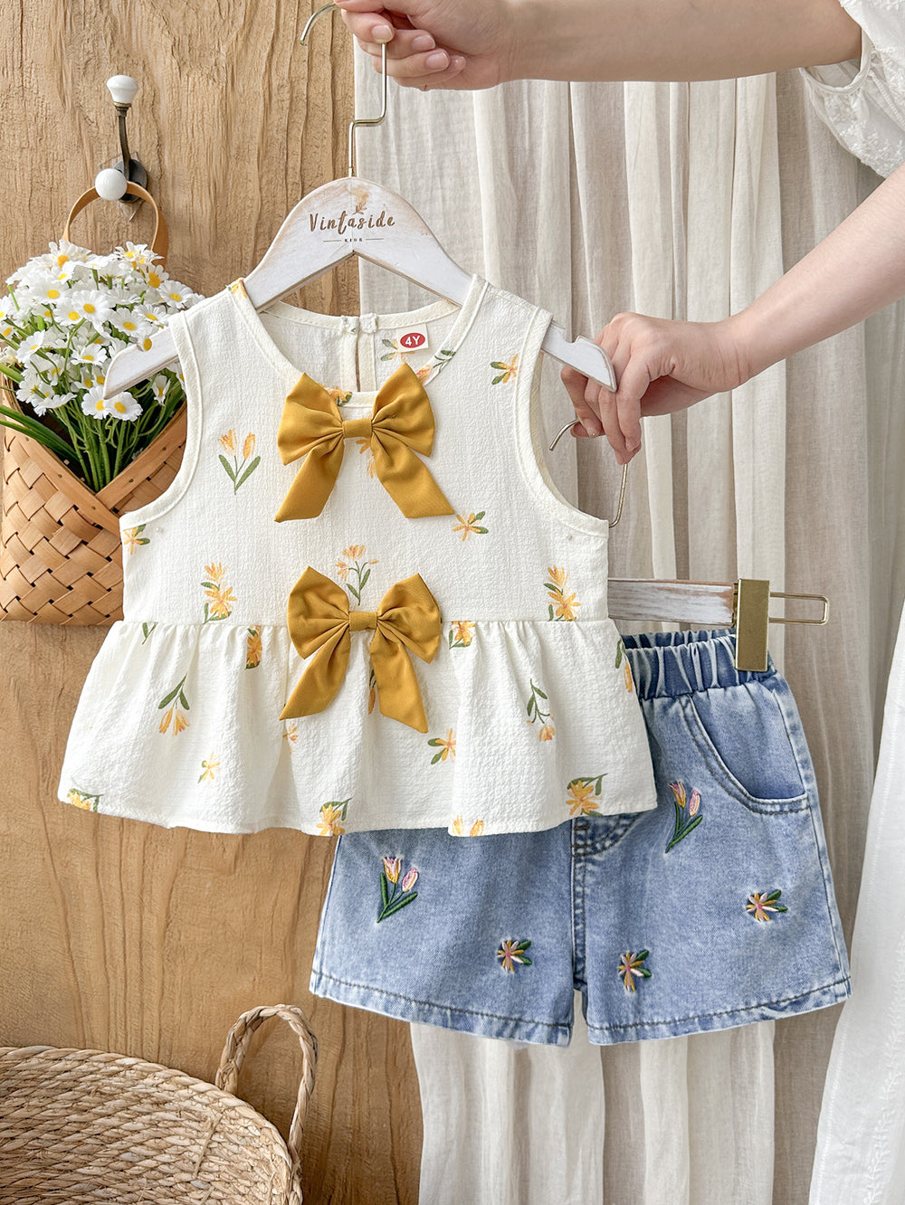 new cross-border girls' bubble plaid print bowknot top & embroidered denim pants two-piece set