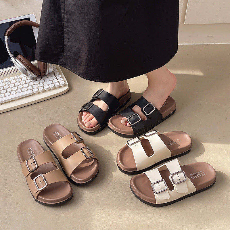 Fashion women's slippers outwear non-slip casual home beach shoes summer birkenstock thick sole double buckle strap one-line sandals