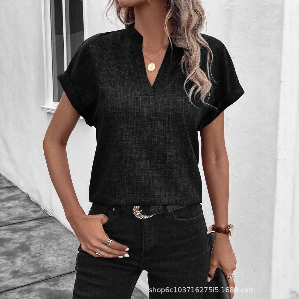 European and american cross-border women's fashion:  summer new arrivals - minimalist chic v-neck short-sleeve linen blouse/shirt for women
