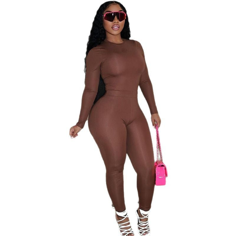 European and american style fashionable versatile women's pleated bodycon solid color pants set - round neck long pants casual trendy two-piece outfit