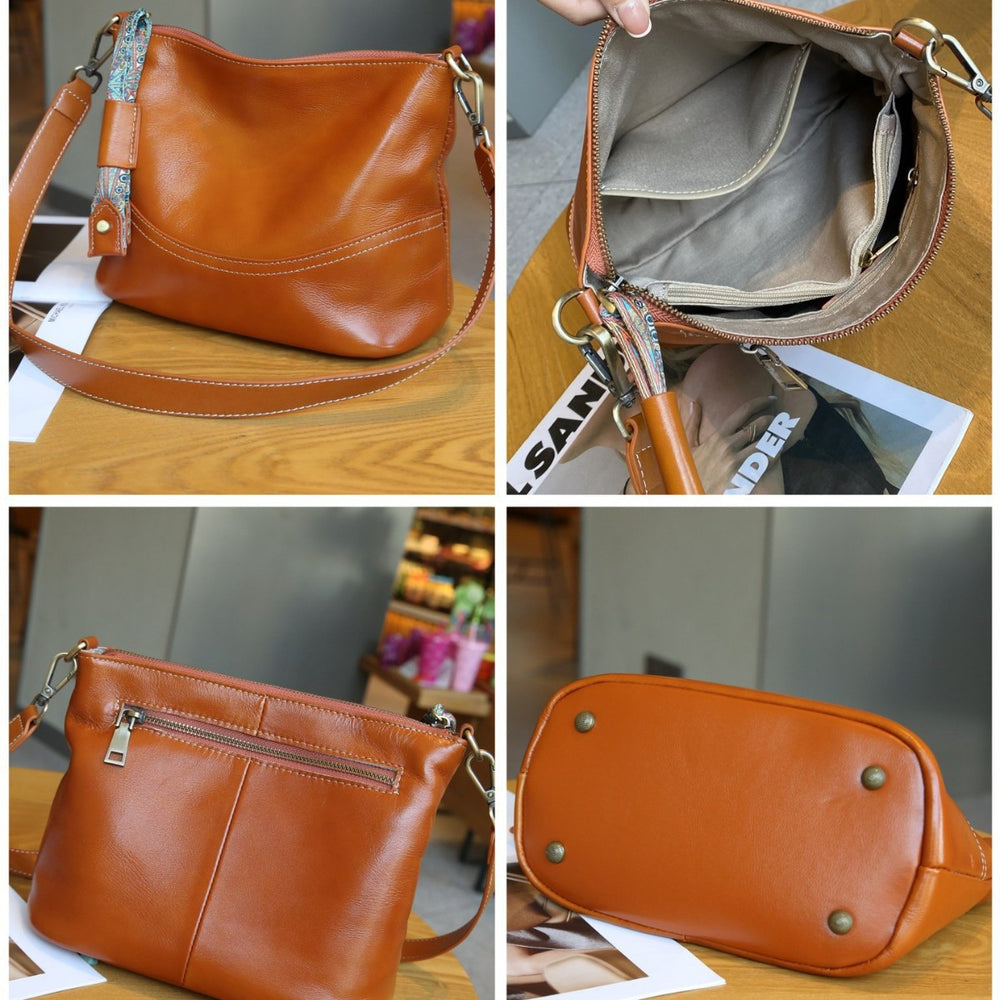 Vegetable tanned first layer cowhide women's bag shoulder women's bag fashion multi-compartment large capacity practical bucket bag soft leather