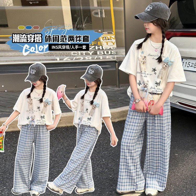 girls' summer wide-leg pants set: short-sleeve plaid t-shirt and pants two-piece outfit for girls, cute and casual