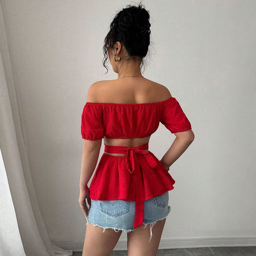 Shein  independent station  women's clothing sexy one-word collar off-the-shoulder T-shirt summer hollow tube top short top