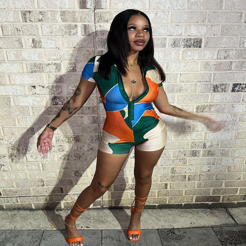 summer european and american cross-border women's fashion:  street style slim-fit geometric patchwork short-sleeve jumpsuit shorts