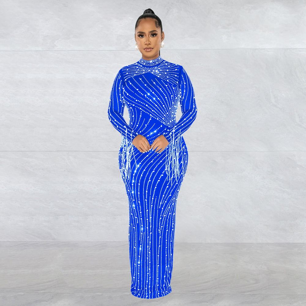C6266   fashion women's mesh see-through rhinestone long sleeve maxi dress lined two-piece set