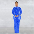 C6266   fashion women's mesh see-through rhinestone long sleeve maxi dress lined two-piece set