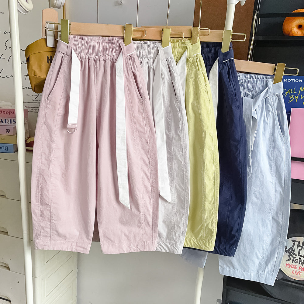 【100% cotton】summer lightweight breathable cool casual versatile belted scimitar casual pants 2614