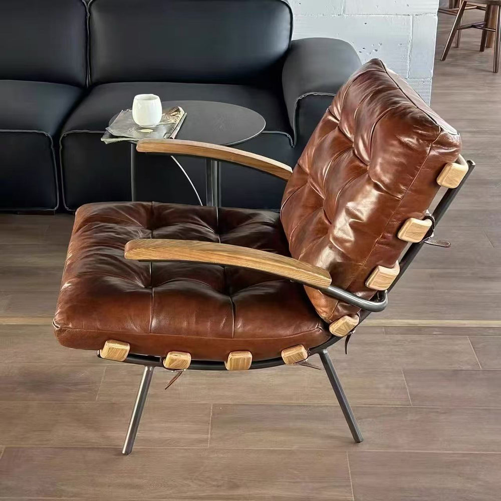 Vintage-style ribbed back casual chair, retro oil wax leather sofa chair, creative art lazy chair, designer negotiation chair