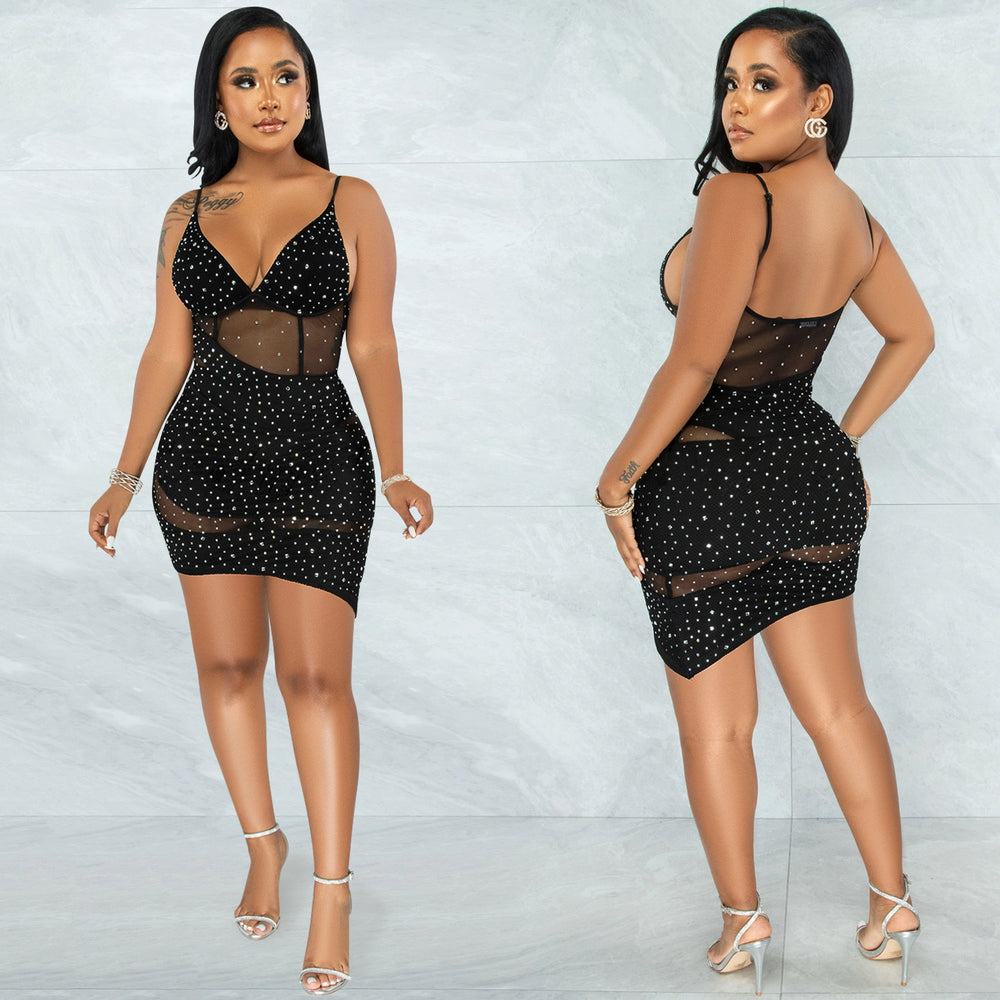 X5575 cross-border fashion women's sexy v-neck mesh see-through nightclub rhinestone strappy irregular dress