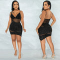 X5575 cross-border fashion women's sexy v-neck mesh see-through nightclub rhinestone strappy irregular dress