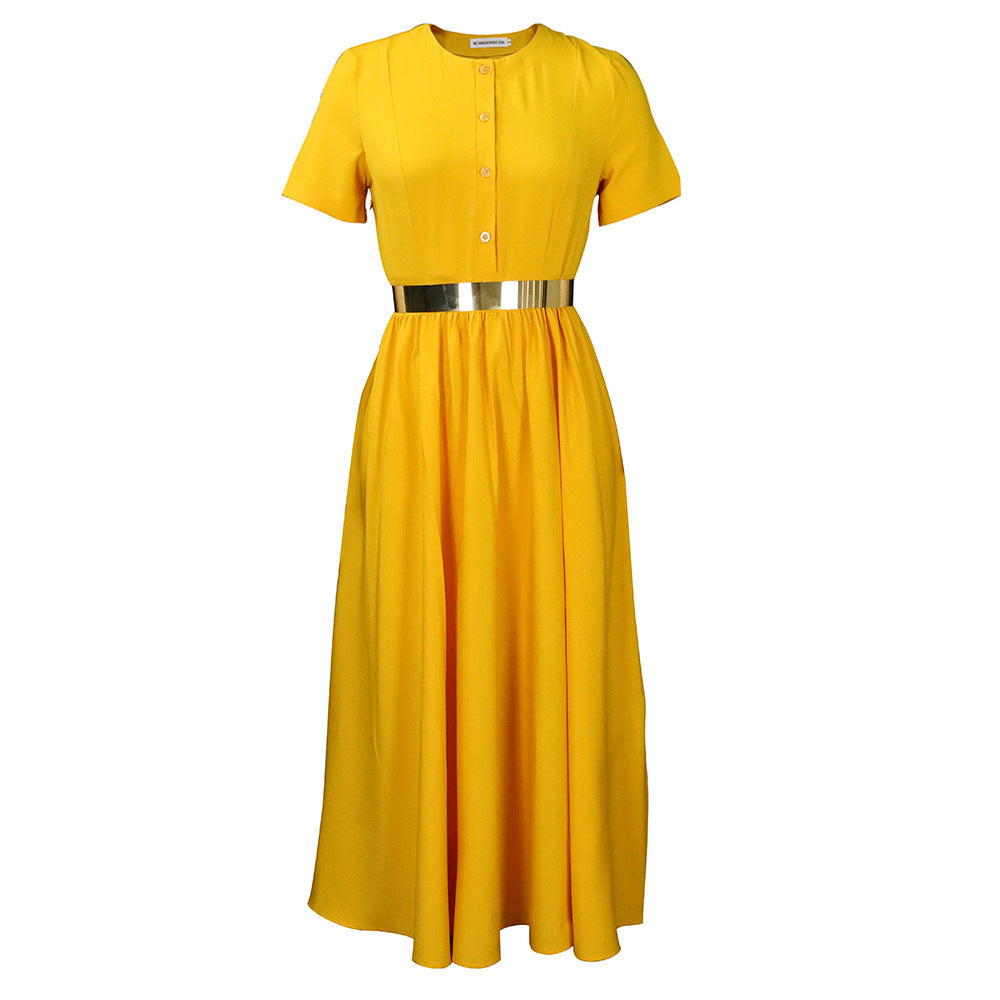 D3134 belt european and american export women's clothing  summer new short-sleeved waist slimming look large skirt cross-border dress