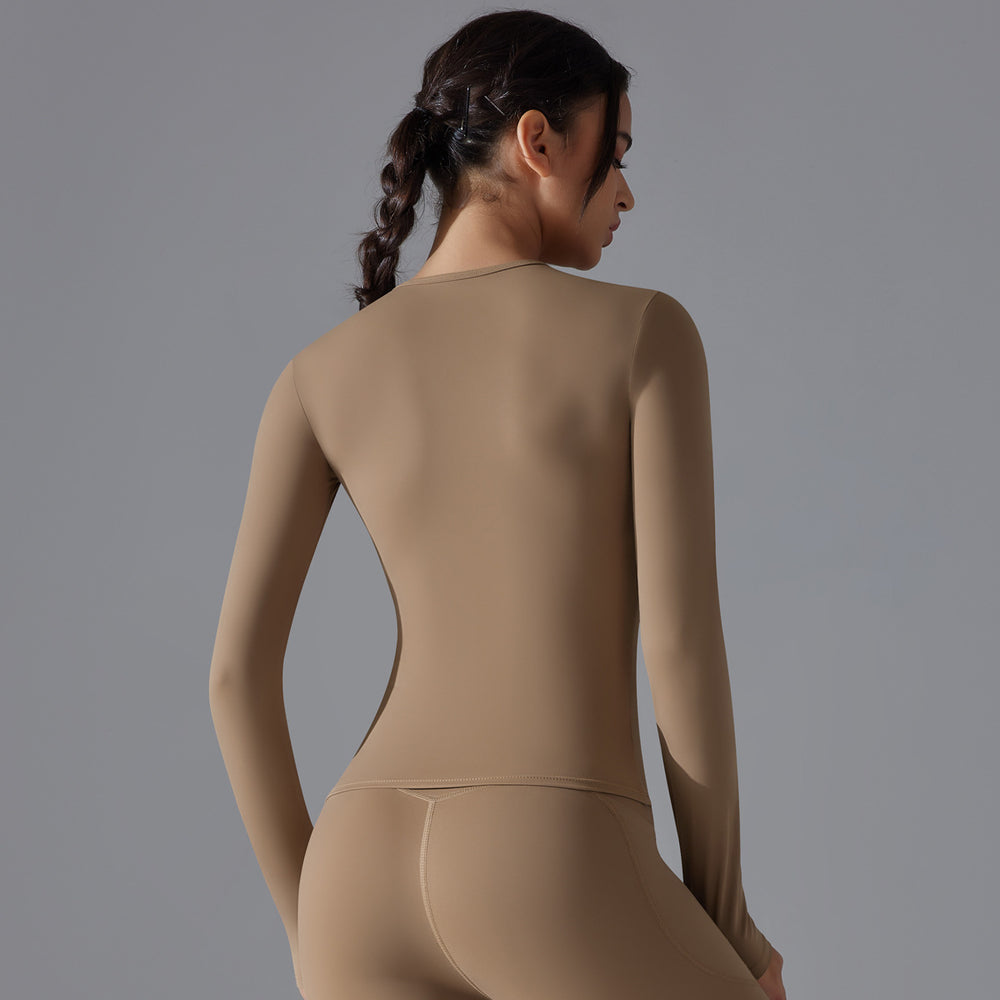 New double-sided brushed solid color long yoga top - long sleeve, high-stretch, breathable, sports running fitness casual t-shirt for women