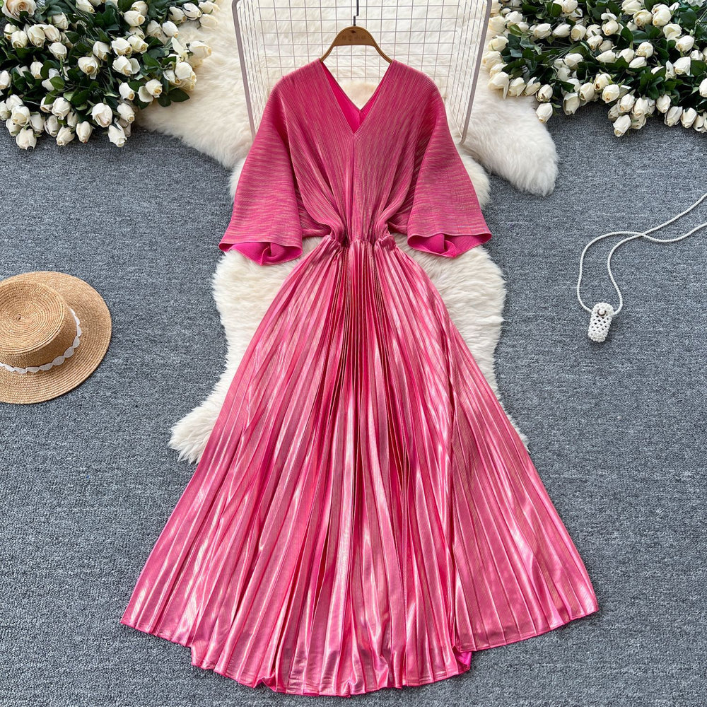 Miya european and american pleated dress for women summerclassyaccessible luxuryv neck bat sleeve waist metal pleated long skirt