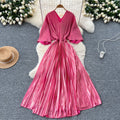 Miya european and american pleated dress for women summerclassyaccessible luxuryv neck bat sleeve waist metal pleated long skirt