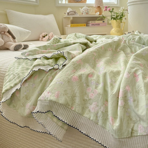 Retro small floral washed cotton lace summer cool quilt skin-friendly sleeping naked super soft summer quilt summer air conditioner thin quilt