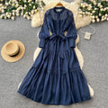 French chic lantern sleeve embroidered dress - spring beaded waist tie a-line maxi dress - elegant & professional