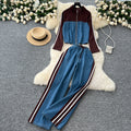 Women's autumn casual outfit: vintage stand collar denim patchwork long sleeve top t-shirt + wide leg straight pants two-piece set