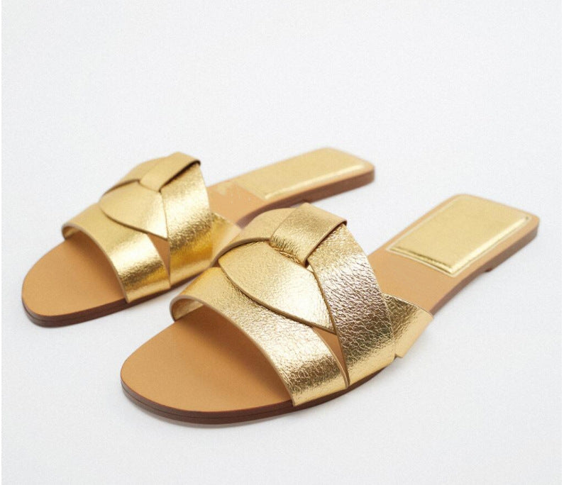 Za 2023 spring new women's square toe criss-cross flat sandals - minimalist, versatile, outdoor slides for women