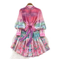 spring new women's dress - european & american style elegant stand collar lantern sleeve cinched waist printed ruffle hem mini dress