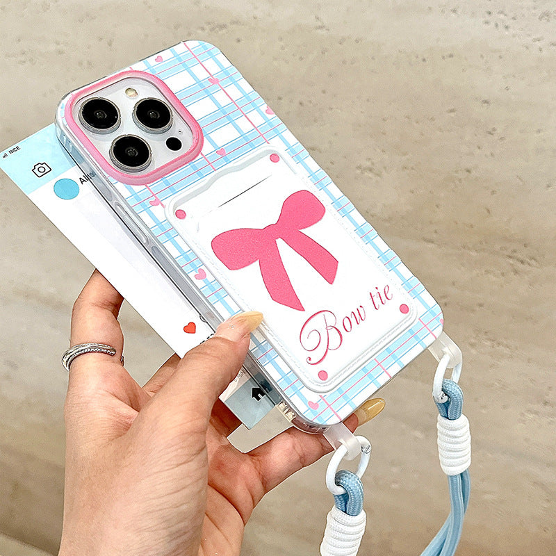 Suitable for iphone16pro card holder lanyard penguin painting mobile phone case apple x/13 bow tpu protective cover