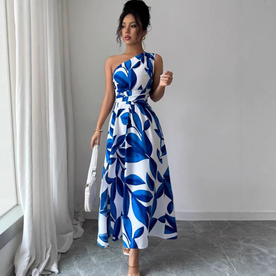 new european and american style cross-border fashion printed pleated elegant long dress