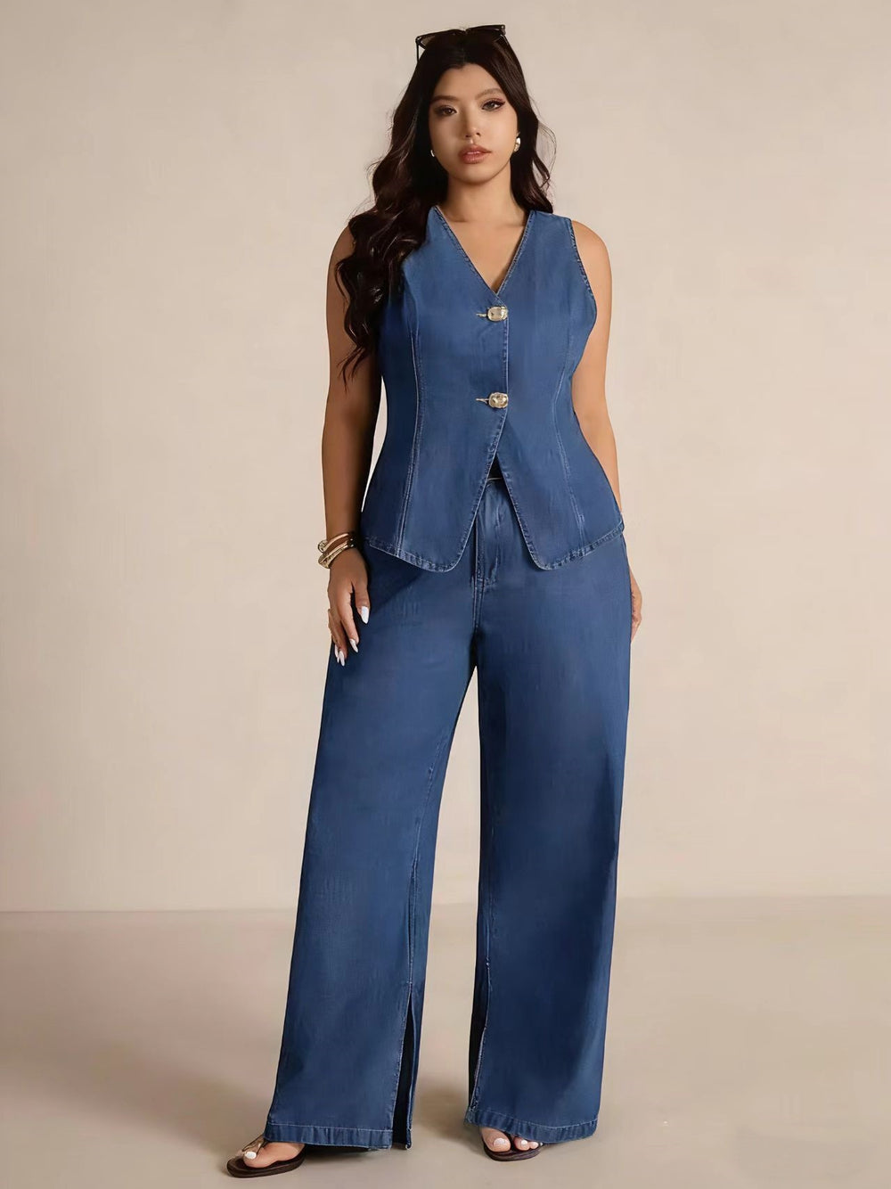 Fashionable and chic button-up sleeveless vest and wide-leg jeans denim set for women - perfect for cross-border e-commerce on  and