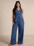 Fashionable and chic button-up sleeveless vest and wide-leg jeans denim set for women - perfect for cross-border e-commerce on  and
