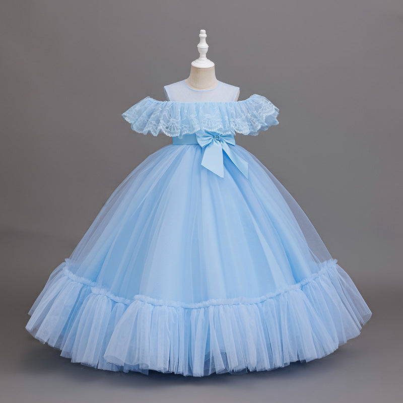 girls' off-the-shoulder lace patchwork long mesh princess dress - ready stock wholesale flower girl dress