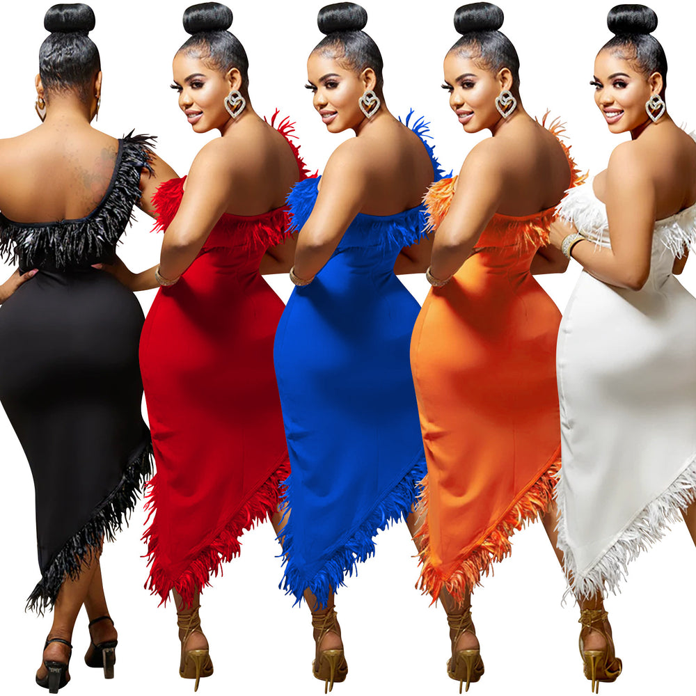 X5907   fashion new product pure colorv neck sleeveless chest wrap feather asymmetrical midi skirt dress