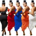 X5907   fashion new product pure colorv neck sleeveless chest wrap feather asymmetrical midi skirt dress