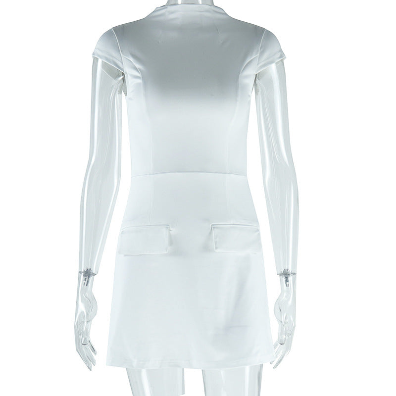 European and American ins  women's clothing solid color dress round neck pullover sleeveless waist pocket decorative temperament dress