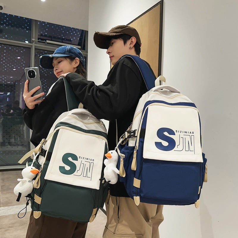 School bag female Japanese tooling style high school student junior high school student contrasting color backpack American retro large-capacity backpack male