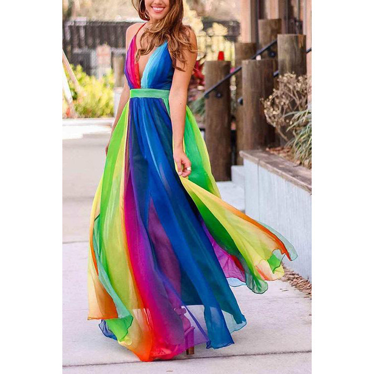 2025 new spring/summer cross-border fashion women's long dress - sexy deep v rainbow mesh suspender dress