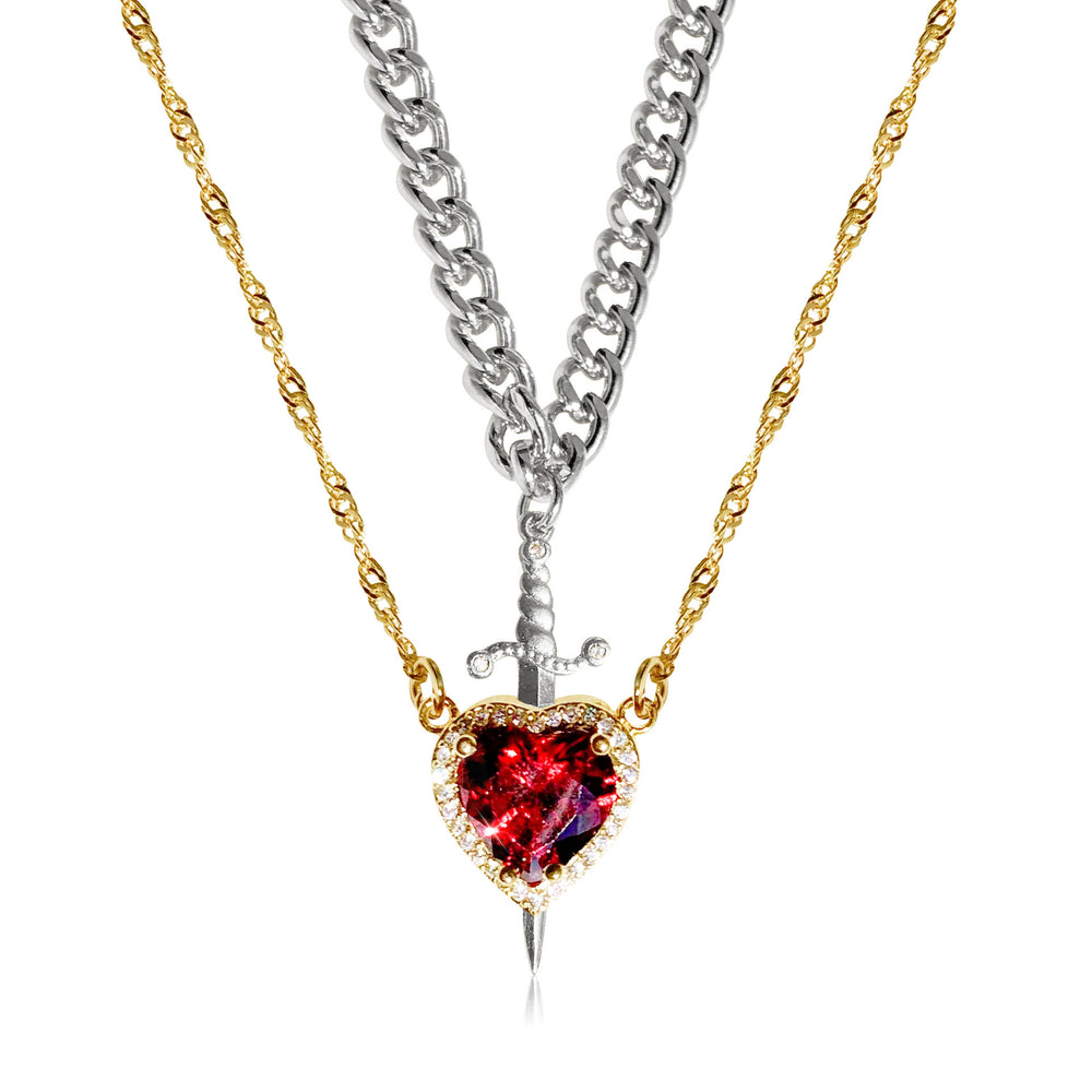 European and american new arrival hot selling pink crystal heart dagger pendant layered necklace french design women's clavicle chain