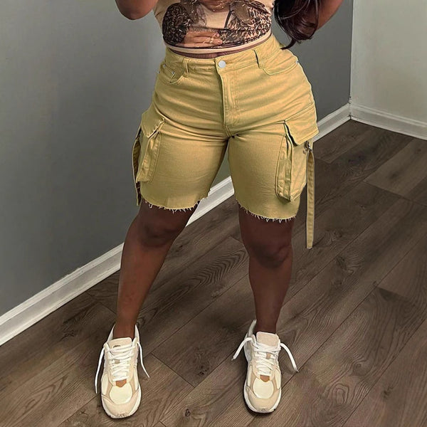 Cross-border European and American  summer new women's clothing high waist fashion elastic casual denim tooling pocket slim shorts