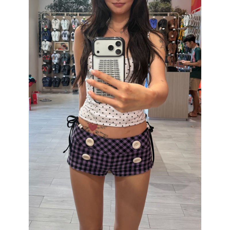 european and american women's clothing  summer new y2k hot girl fashion retro casual individual plaid low-rise shorts
