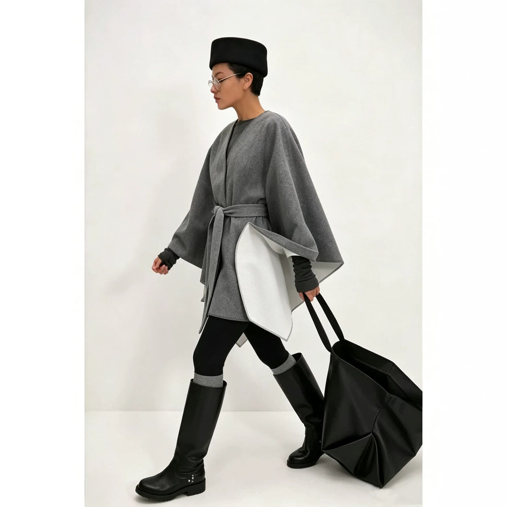 cross-border fashion women's winter coat: elegant solid color wool blend cape with tie waist