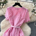 Frenchclassy small fragrant style heavy industry beading round neck short sleeve strap waist cut out crochet lacedress for women